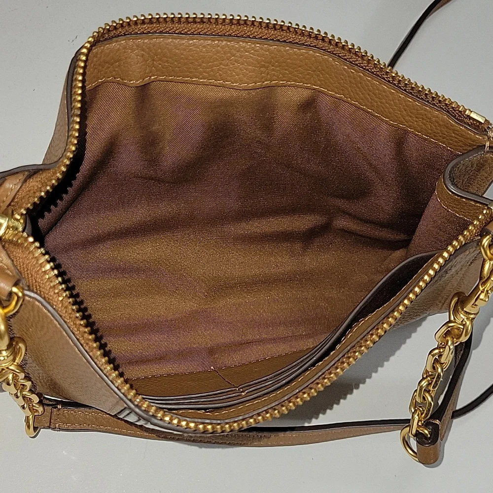 Tory Burch Brown Leather Crossbody Bag with Striped Accent